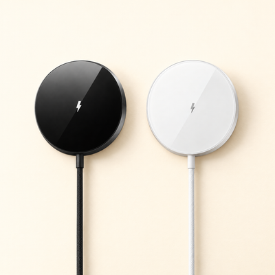 Magnetic wireless charging pad in black and in silver