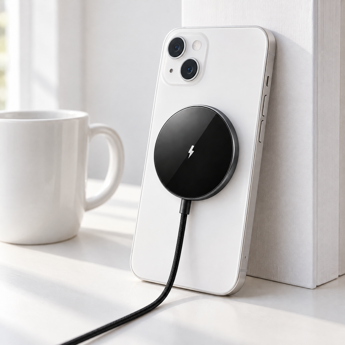 Black Halo magnetic charger stuck to the back of a white phone propped against a white shelf, with its black braided cable trailing down beside a white mug