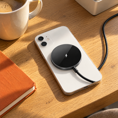 Black Halo magnetic charger on the back of a white phone lying on a wooden desk, its black cable running off to the right beside a coffee mug and an orange notebook