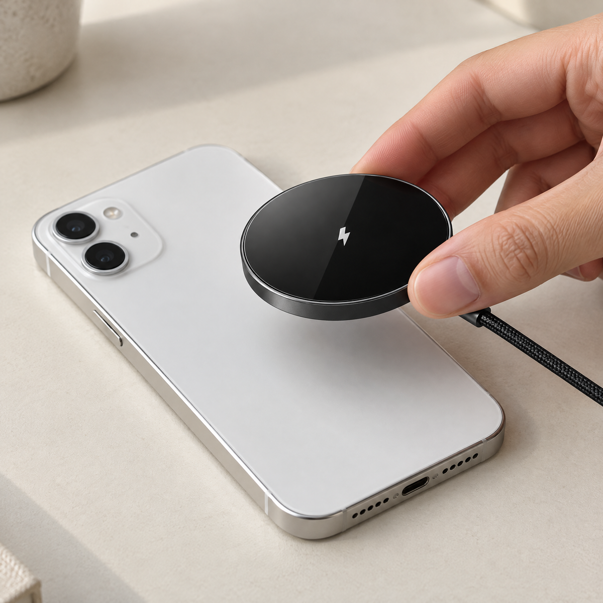 Hand pressing the black Halo magnetic charger onto the back of a white phone resting on a pale desk