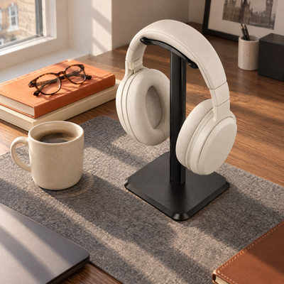 Black aluminium headphone stand holding cream headphones on a walnut desk with a grey felt mat