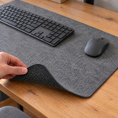 Hand lifting the corner of a grey felt desk mat to show the dotted non-slip back, with a black keyboard and mouse on top