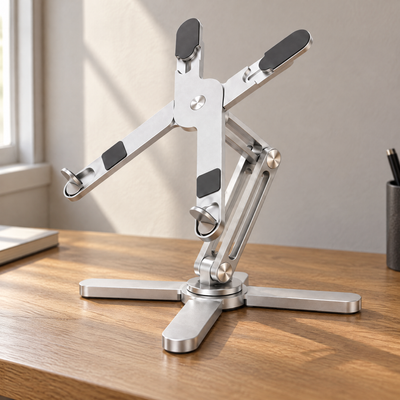AeroSpin 360 stand in silver on a wooden desk by a window, with its X-shaped platform angled up and no laptop on it
