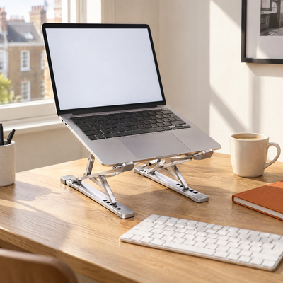 Tall folding aluminium laptop stand in silver raising a laptop on an oak desk by a window