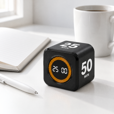 Black Cube flip timer showing 25 minutes on a white desk