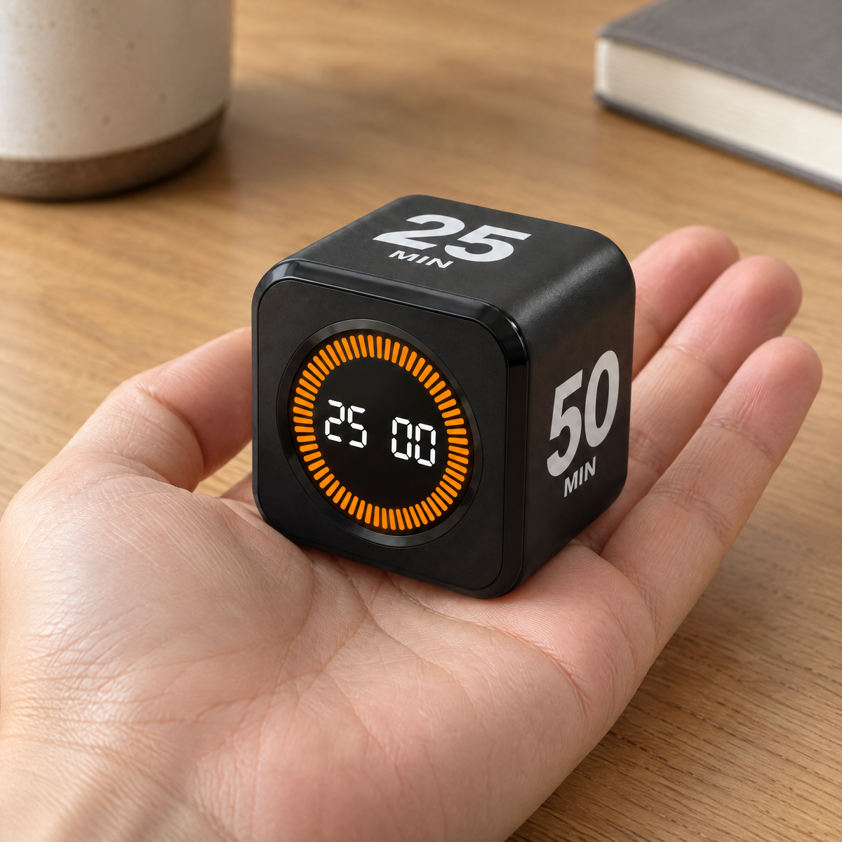 Black Cube flip timer resting on an open palm