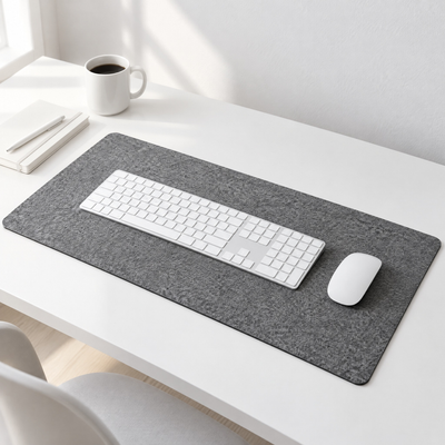 Grey felt desk mat on a white desk