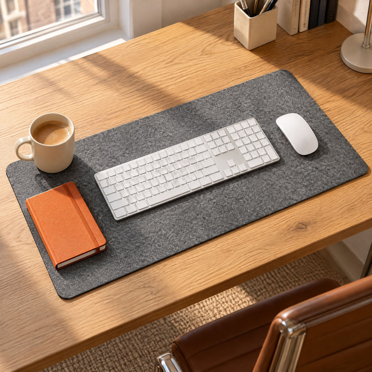 Grey felt desk mat on an oak desk with a white keyboard, a white mouse, a coffee cup and an orange notebook on it