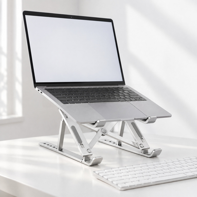 Standard folding aluminium laptop stand in silver holding a laptop on a white desk