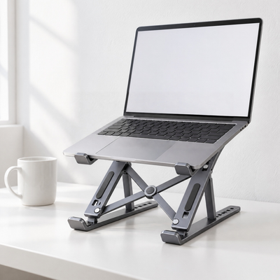 Standard folding aluminium laptop stand in grey holding a laptop on a white desk