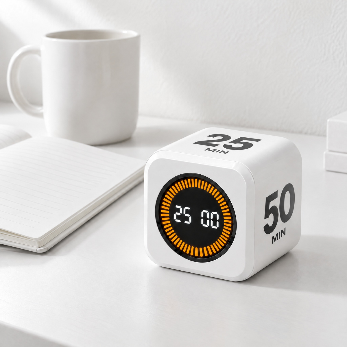 White Cube flip timer showing 25 minutes on a white desk