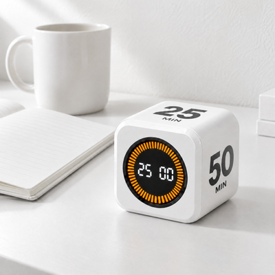 White Cube flip timer showing 25 minutes on a white desk