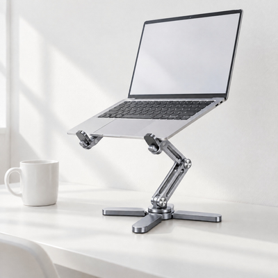 AeroSpin 360 laptop stand in grey raising a laptop on a white desk
