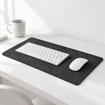 Felt desk mat in dark grey on a white desk