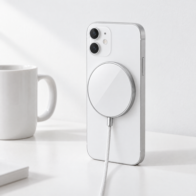 Magnetic wireless charger in silver on a white desk