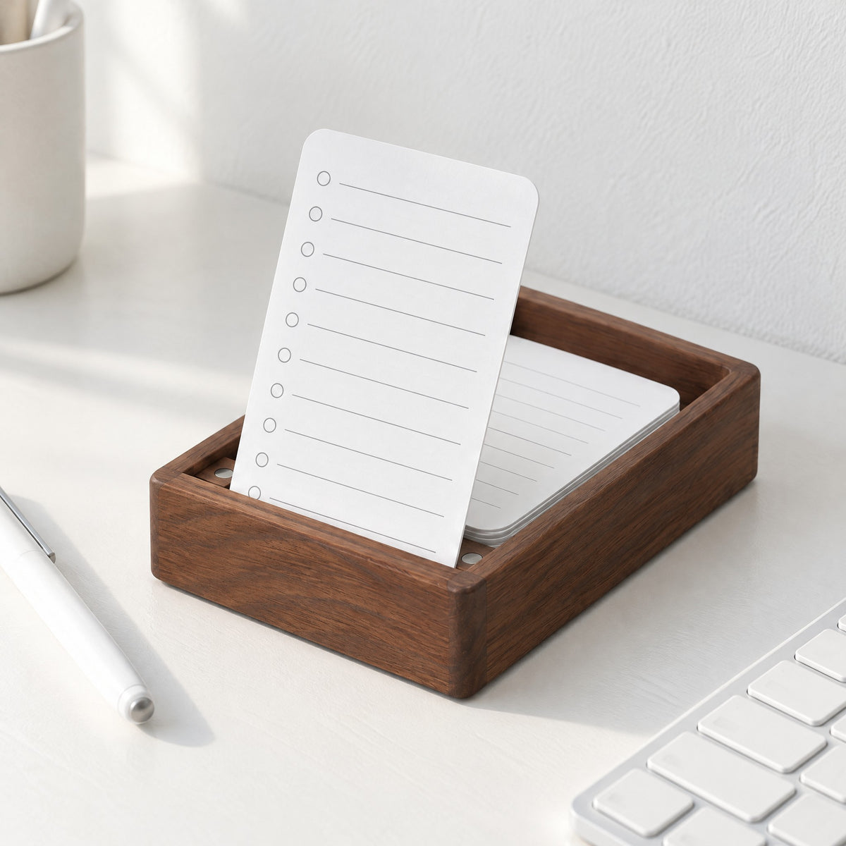 Ledger walnut list holder with a to-do card on a white desk