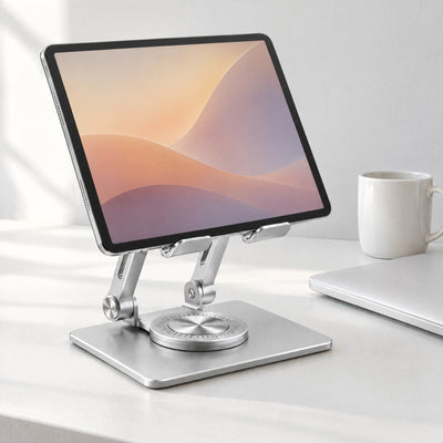 Pivot tablet stand in silver holding a tablet on a white desk