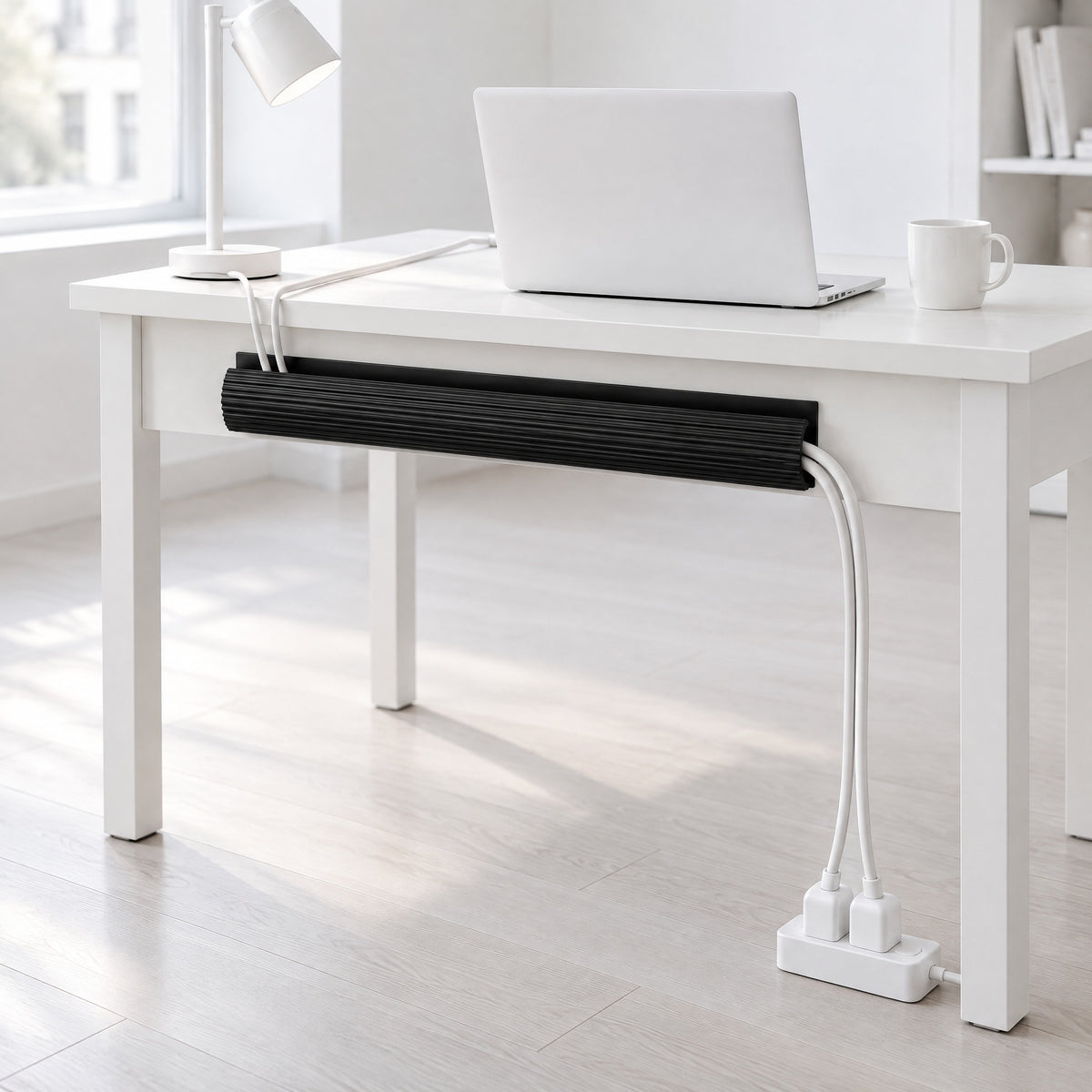 Rail cable channel in black stuck under the back edge of a white desk, holding the laptop and lamp cables on their way to the power strip