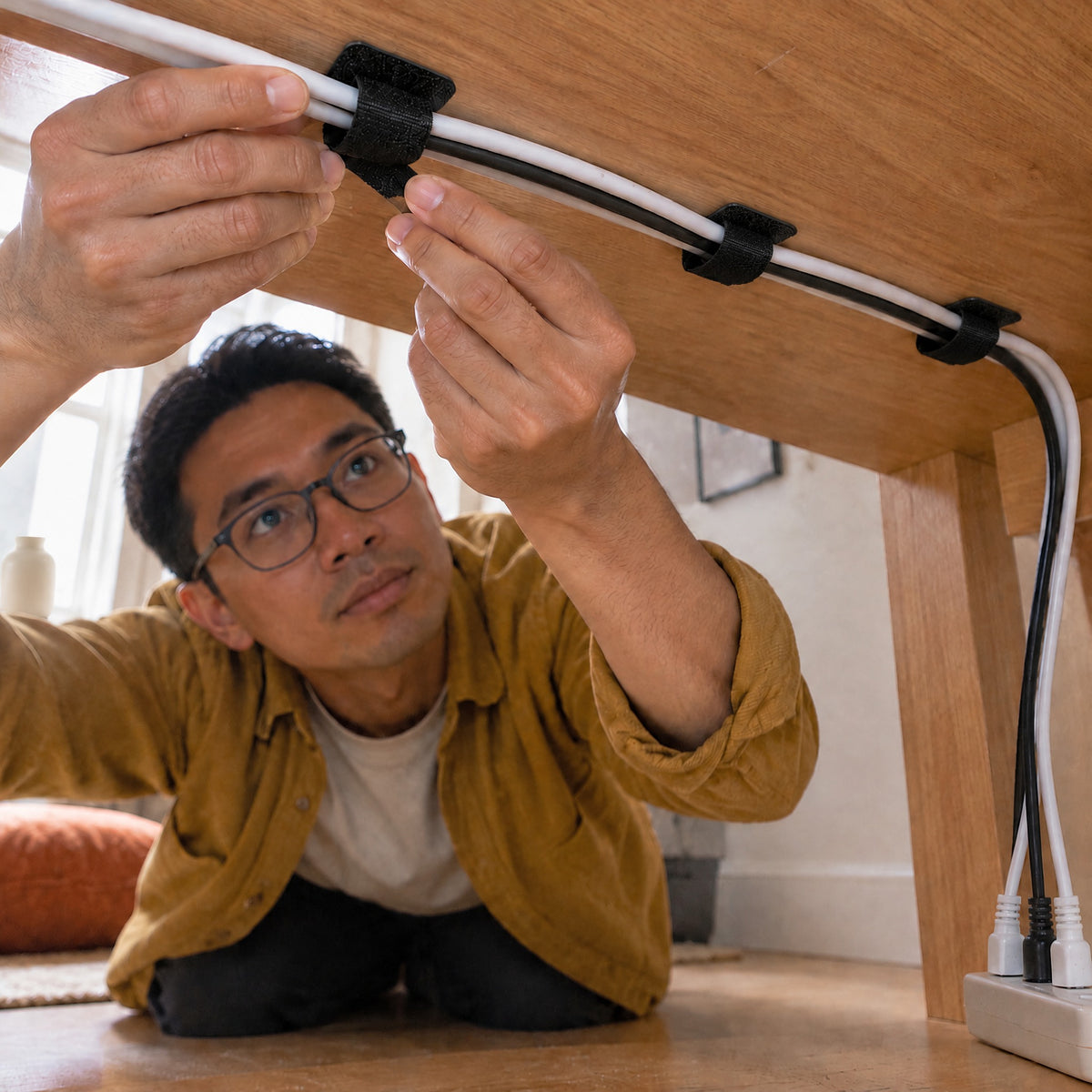 Man kneeling under his desk, closing a black Velor cable tie round the cables beneath it