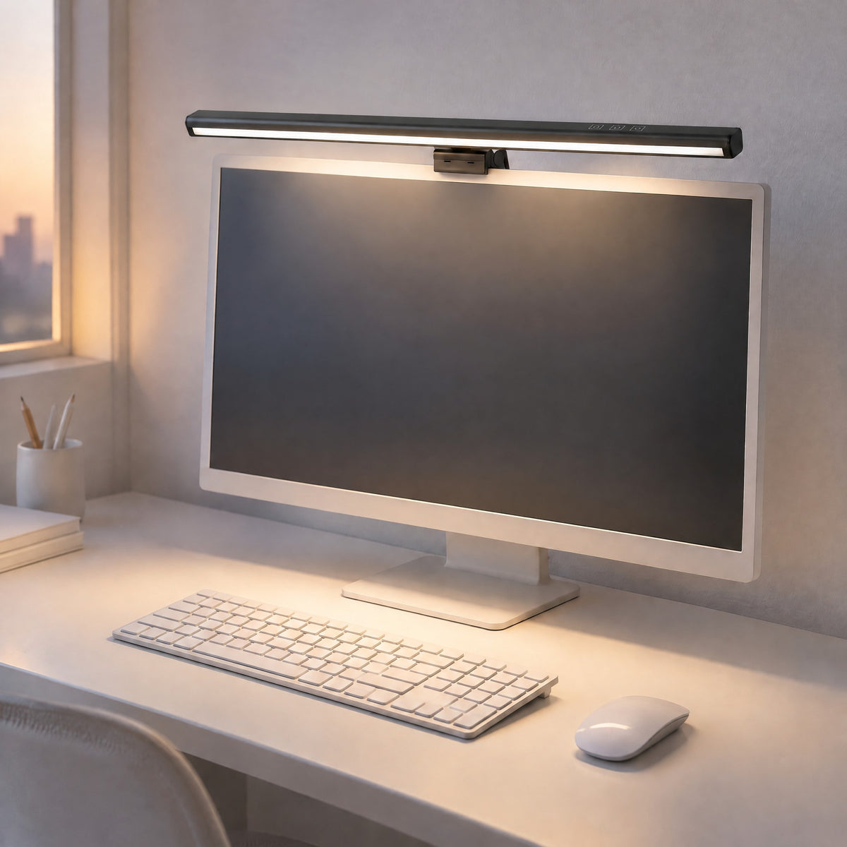 Crest light bar on a white monitor lighting the keyboard and desk