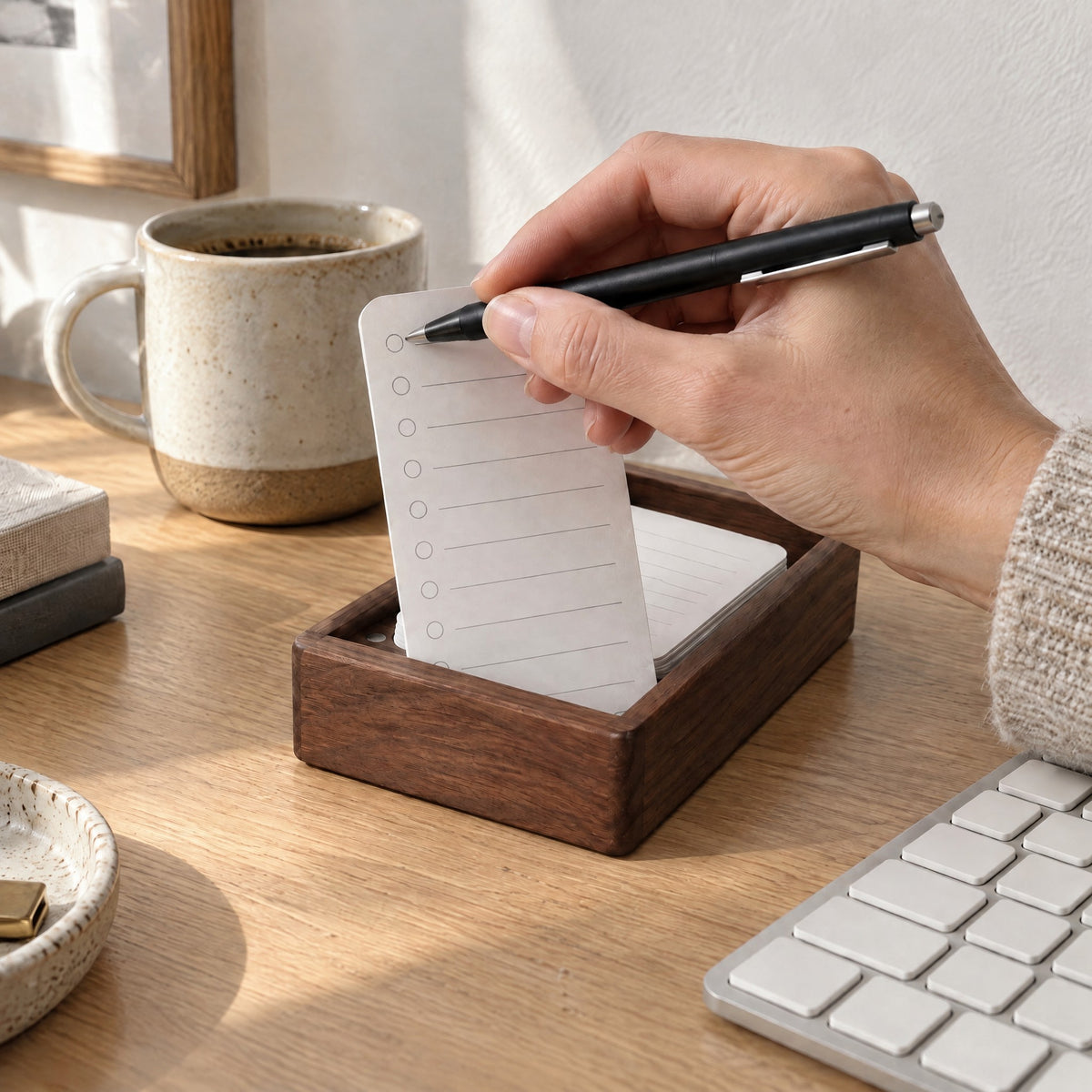 Hand with a pen about to tick a to-do card in the Ledger walnut list holder beside a keyboard