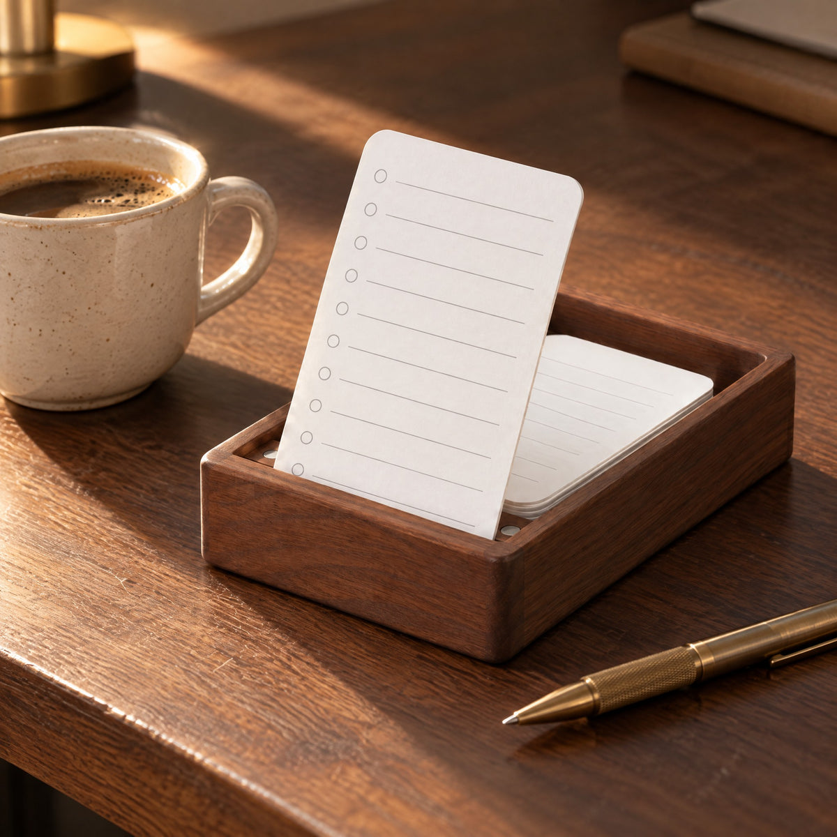 Ledger walnut list holder with a blank card in morning light