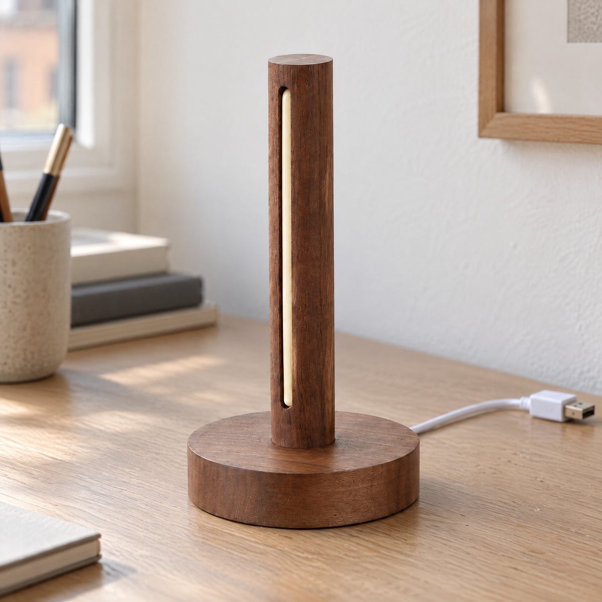 Ember walnut lamp switched off, showing the wood grain and LED strip