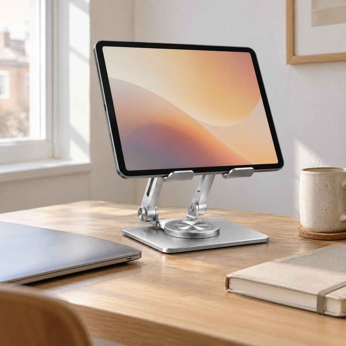 Pivot tablet stand in silver holding a tablet at eye level on an oak desk