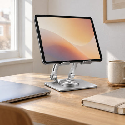 Pivot tablet stand in silver holding a tablet at eye level on an oak desk
