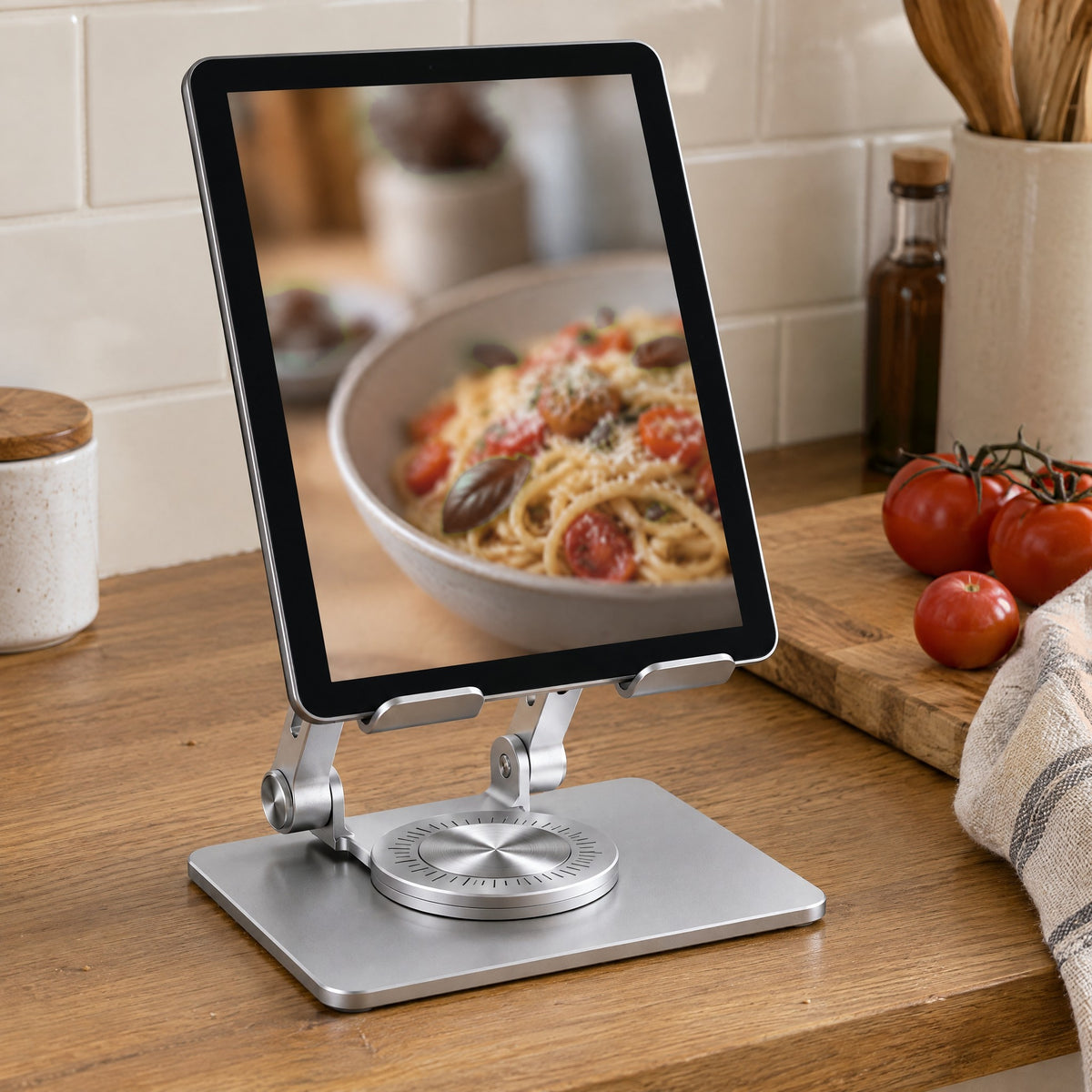 Pivot tablet stand holding a tablet upright on a kitchen worktop
