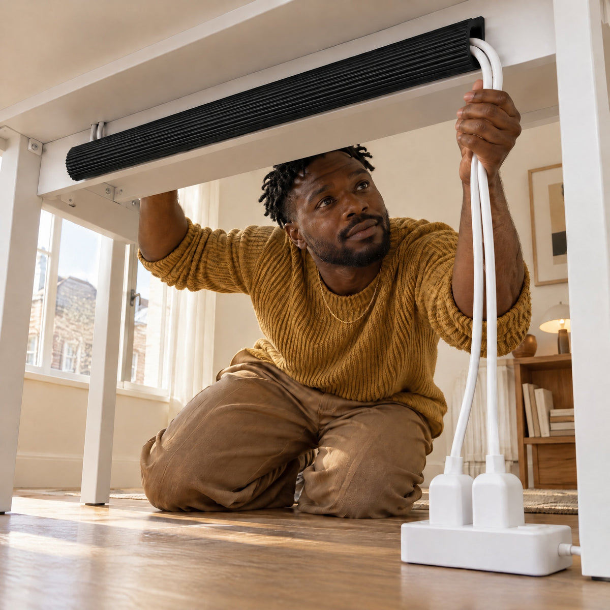 Man kneeling under his desk, guiding two white cables out of the Rail cable channel towards the power strip
