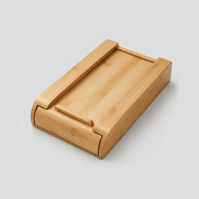 Large bamboo Glide drawer turned over to show its pull bar and curved front