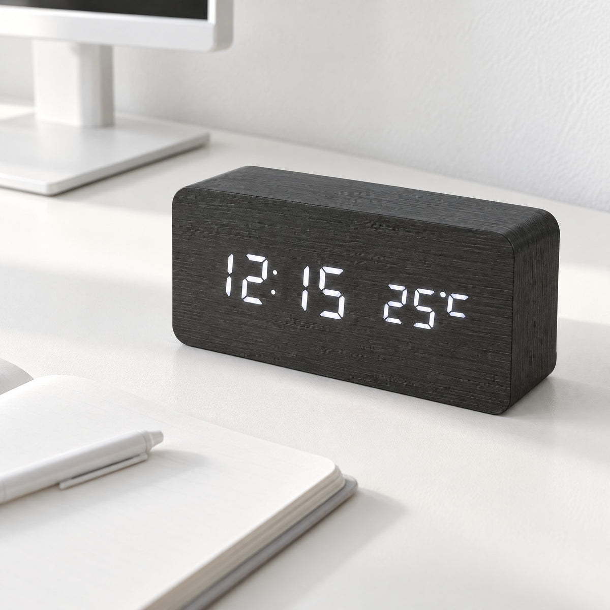 Black Grain wood-effect LED clock showing the time and temperature on a white desk beside an open notebook