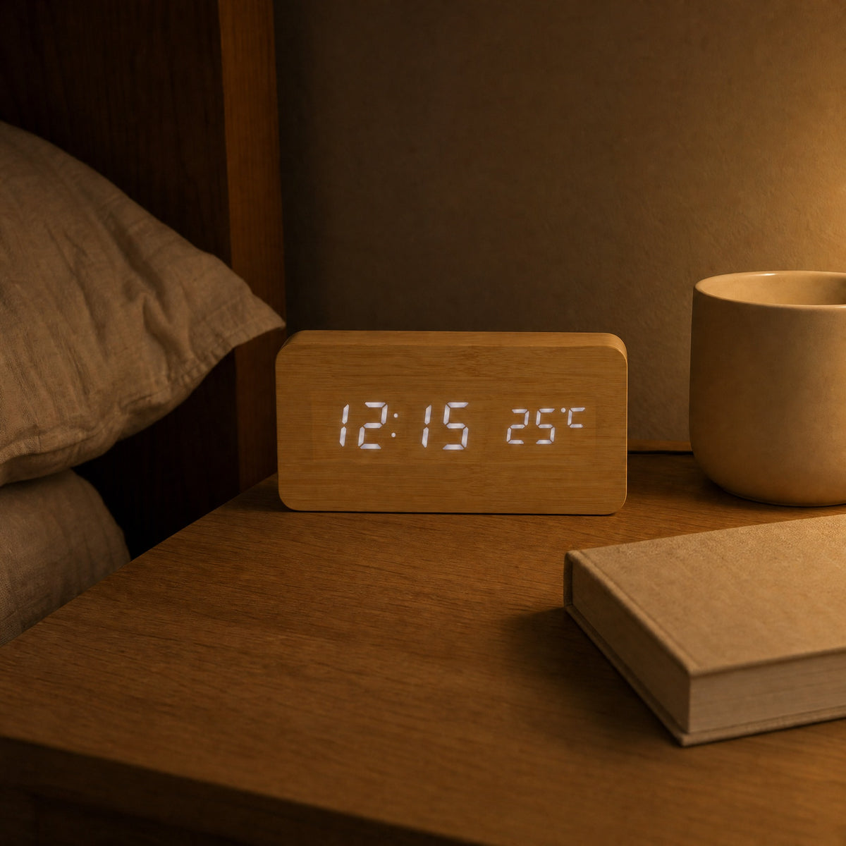 Bamboo Grain clock glowing softly on a bedside table at night