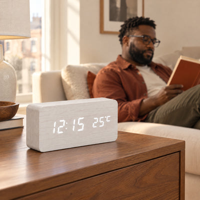 White Grain LED clock on a walnut sideboard while a man reads on the sofa behind
