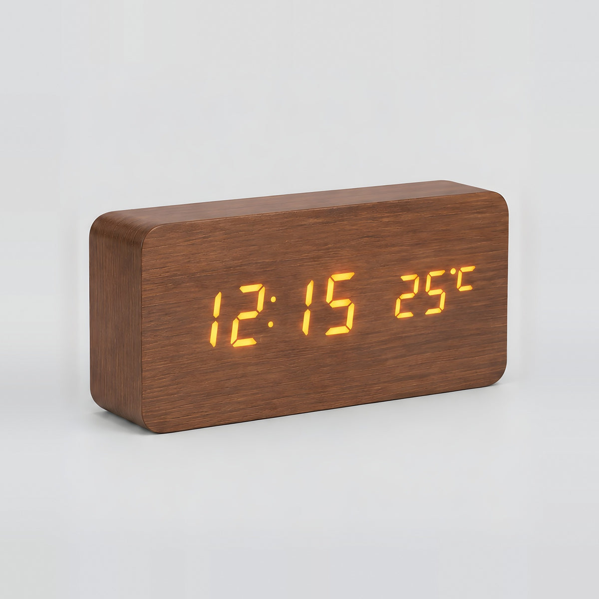 Grain wood-effect LED alarm clock in brown with amber digits