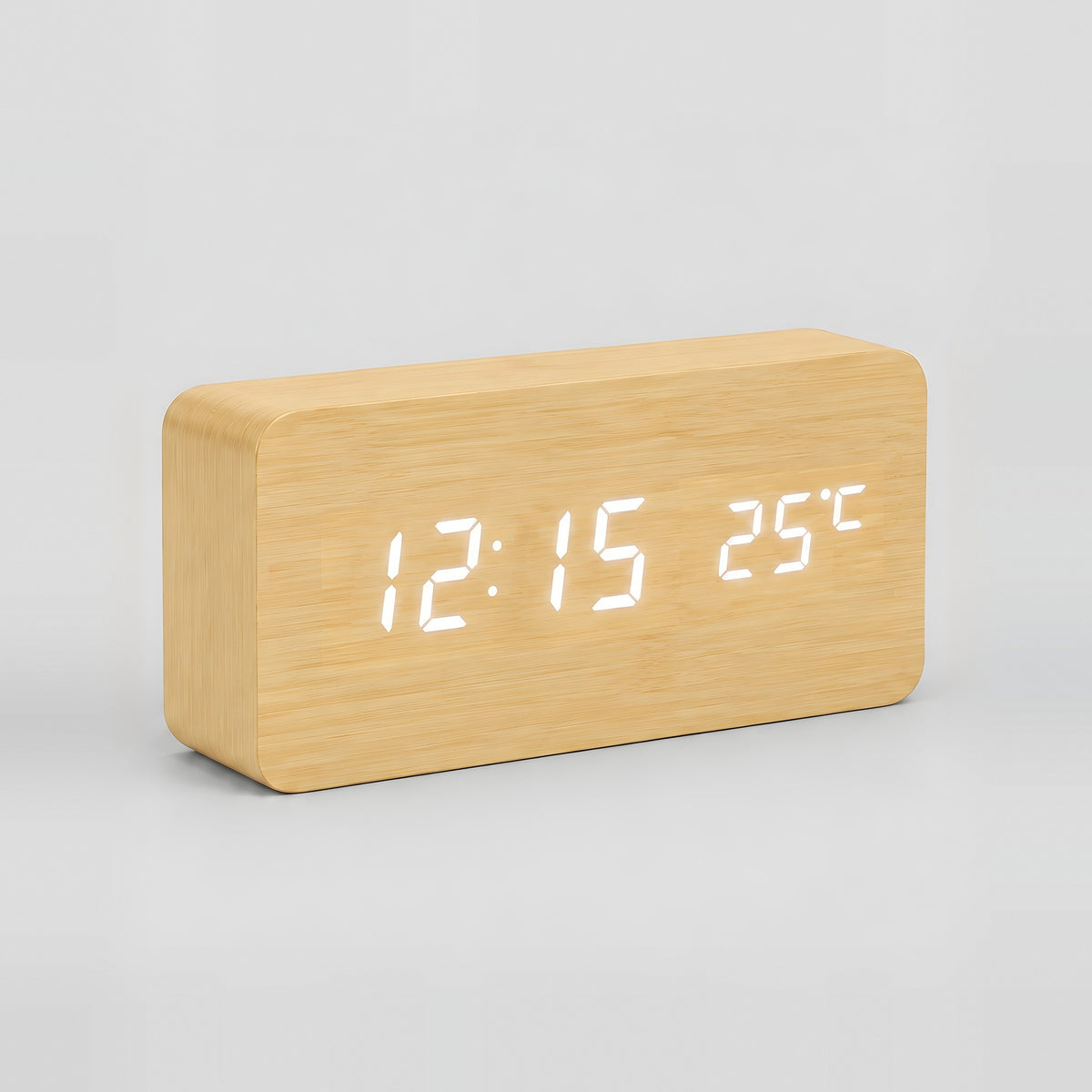 Grain wood-effect LED alarm clock in bamboo with white digits