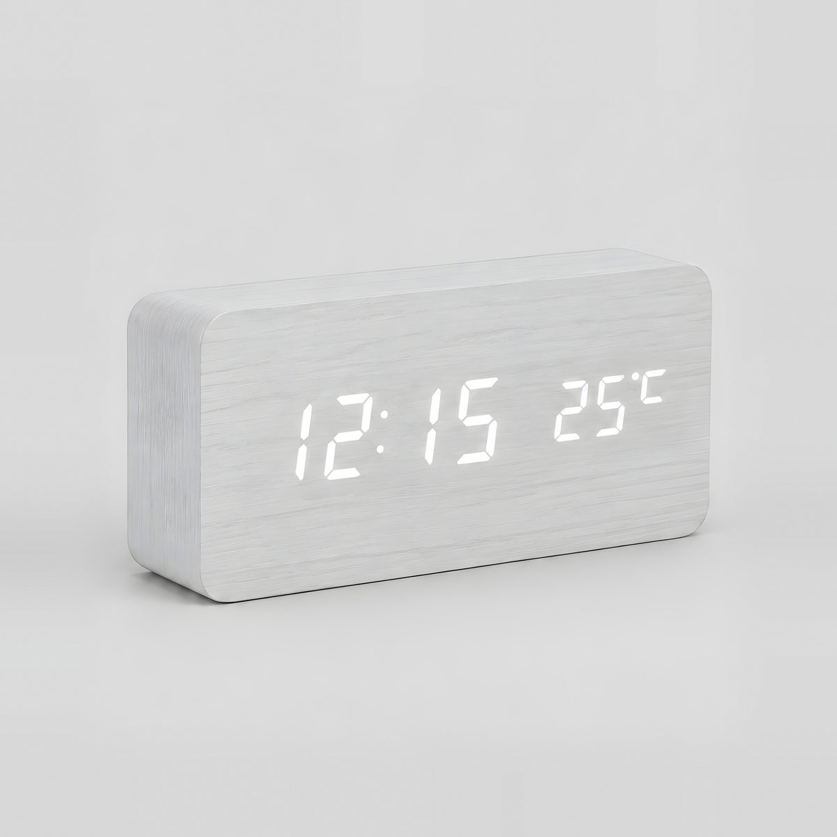 Grain wood-effect LED alarm clock in white with white digits