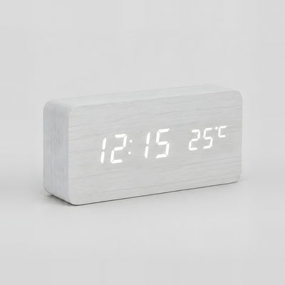Grain wood-effect LED alarm clock in white with white digits