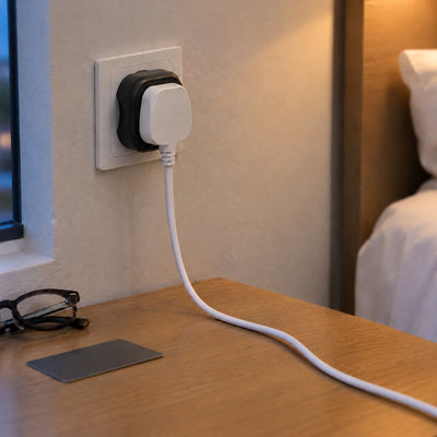 Layover travel adapter in a European hotel wall socket with a UK 3-pin phone charger plugged into its front