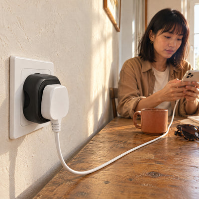 Woman charging her phone at a wooden table abroad, the Layover travel adapter in a European wall socket with a UK 3-pin charger plugged into its front