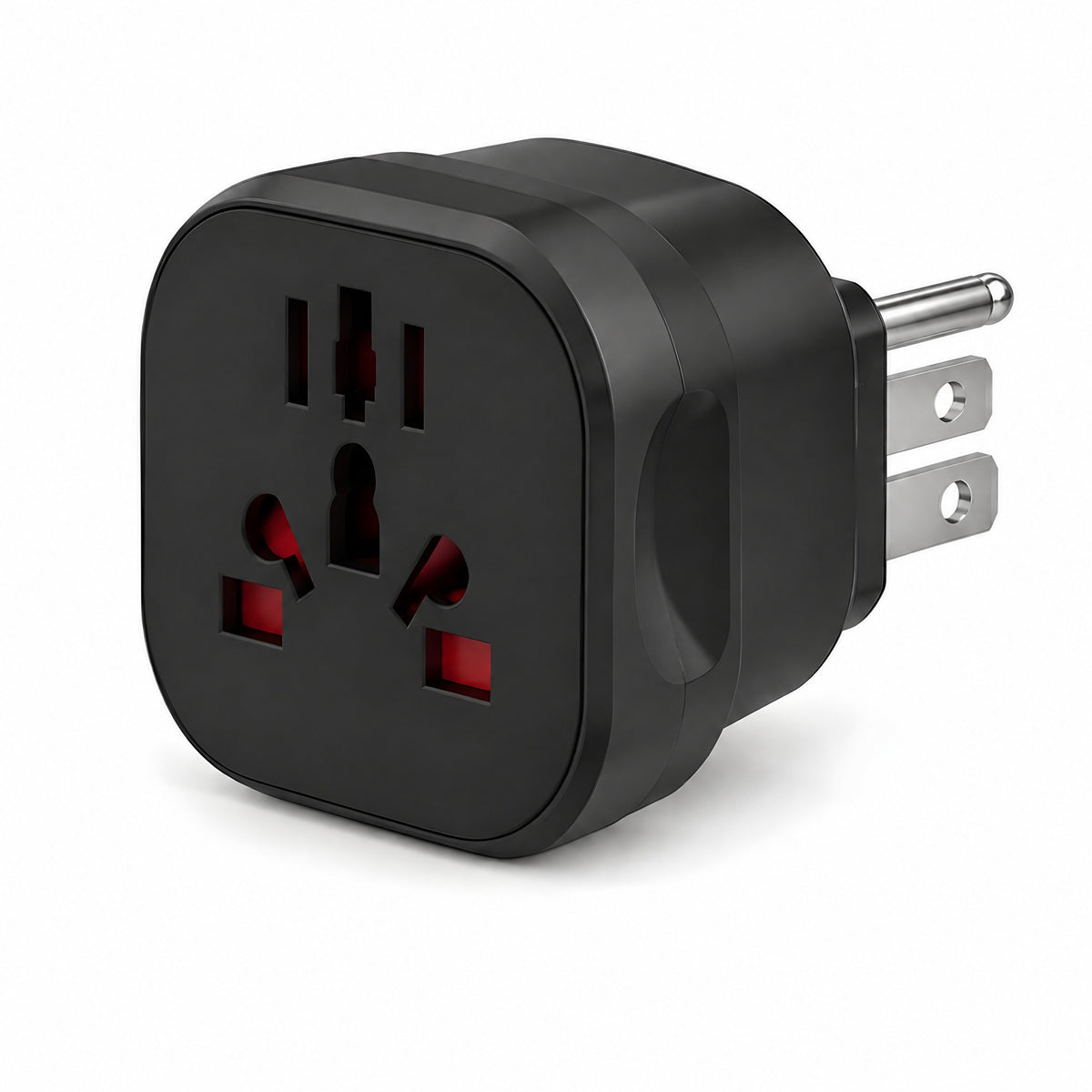 Layover universal travel adapter with US plug, two flat pins and a round earth pin, matt black