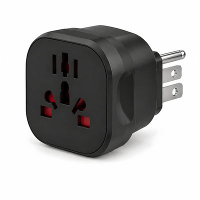 Layover universal travel adapter with US plug, two flat pins and a round earth pin, matt black