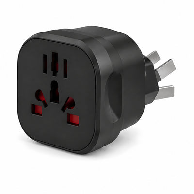 Layover universal travel adapter with AU plug, two angled flat pins and a flat earth pin, matt black