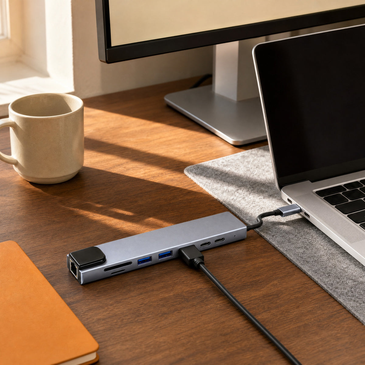 Junction USB-C hub on a walnut desk, connected to a laptop, with an HDMI cable in its port