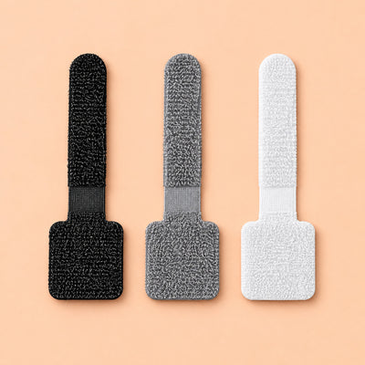 Velor cable ties in black, grey and white, side by side