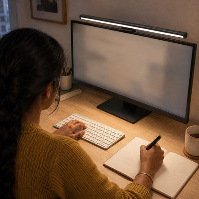Woman writing at her desk under the Crest light bar, its light falling on the keyboard and notebook