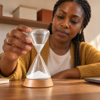 Woman resting her hand on the Ebb hourglass as the white sand runs through