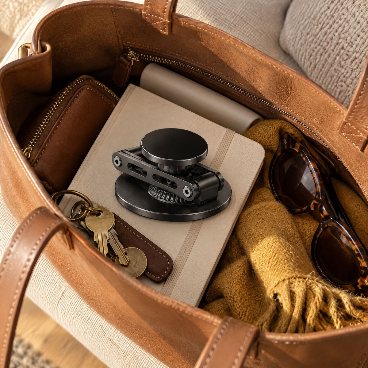 Black Crane phone stand folded flat inside an open leather tote bag