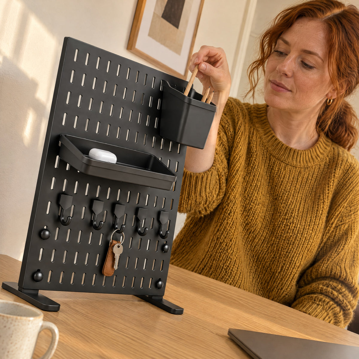 Woman pulling a pencil from the bin of the black Trellis desk pegboard on an oak desk